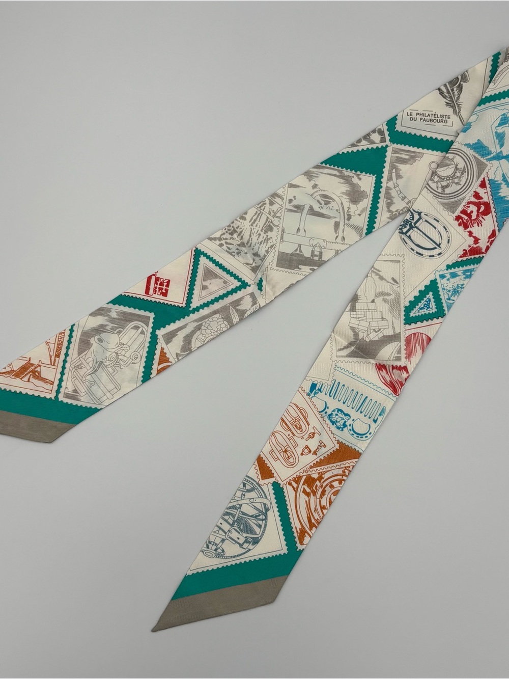 Hermès Le Philateliste du Faubourg Twilly Scarf Cream Teal Stamp Print Silk - Picture 2 of 6